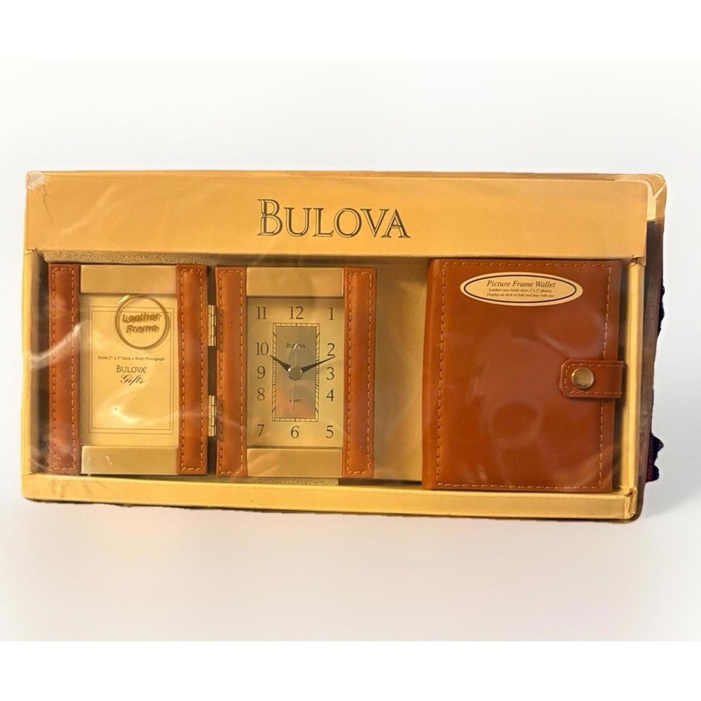 Bulova Gift Box Tan Leather Picture Frame L, Photo Album And Clock In Box New